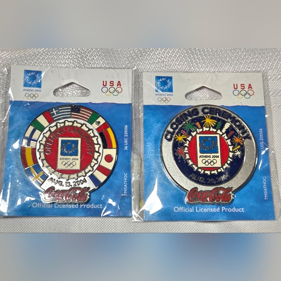 Coca Cola Other - ATHENS OLYMPICS 2 PINS COCA COLA OPENING CLOSING CEREMONIES FLAG OF NATIONS NEW